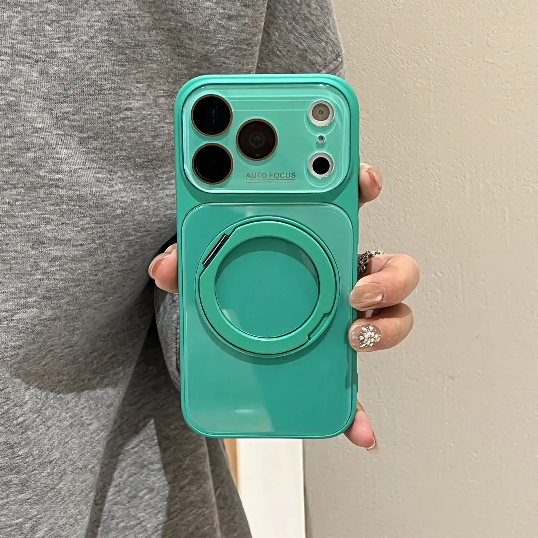 Customized Ice-Sense Glass with Candy-Colored Back Case for iPhone Series (12-17 Pro Max, IP14 Pro), Handheld Large Window Lens Design, Full Protection, 360-Degree Rotating Stand, Smartphone Accessory