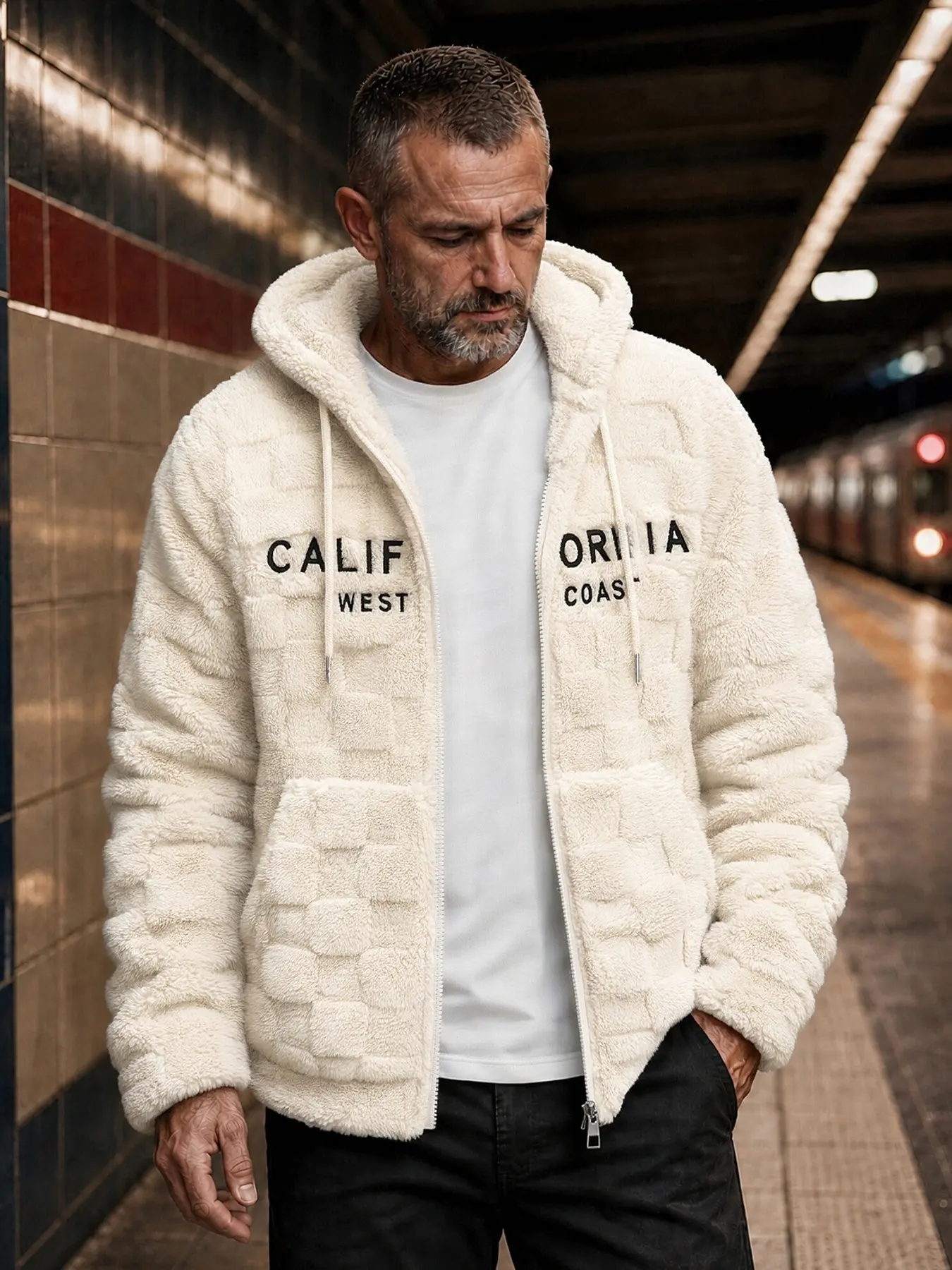 Men's Fleece Hooded Jacket, Soft Warm Zipper Outerwear, Textured Plaid Design, Letter Embroidery, Casual Long Sleeve, Fall Winter