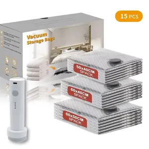6/9/12/15 Pcs Vacuum Compression Storage Bags with Rechargeable Electric Air Pump, 3 Sizes Waterproof Reusable Sealing Storage Bags, 140L/Min Powerful Air Removal, Space Saver for Suitcase & Home Storage, Ideal for Holiday & Housewarming Gifts