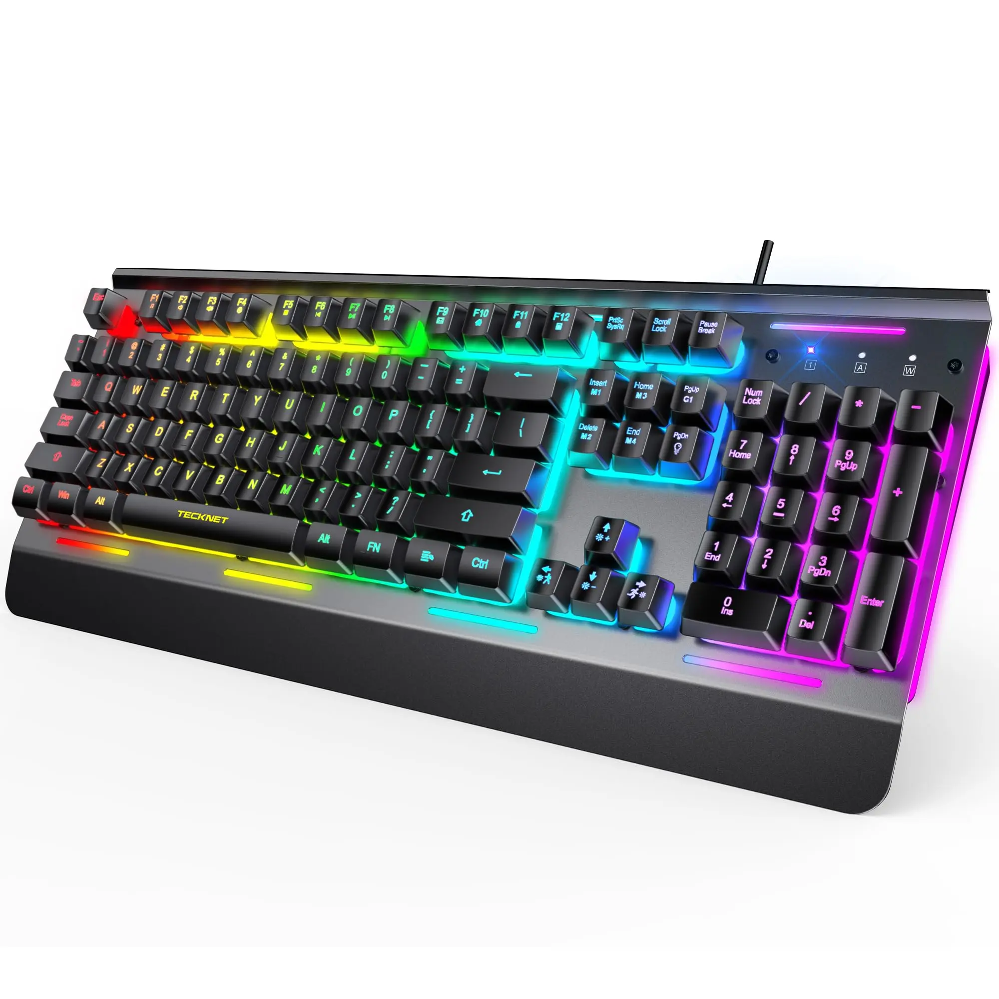 TECKNET Wired Gaming Keyboard - USB Wired Computer Keyboard with 15-Zone RGB Backlit, IP32 Rated Water Resistance, 25 Anti-Ghost Keys, All-Metal Panel, Whisper Quiet Design