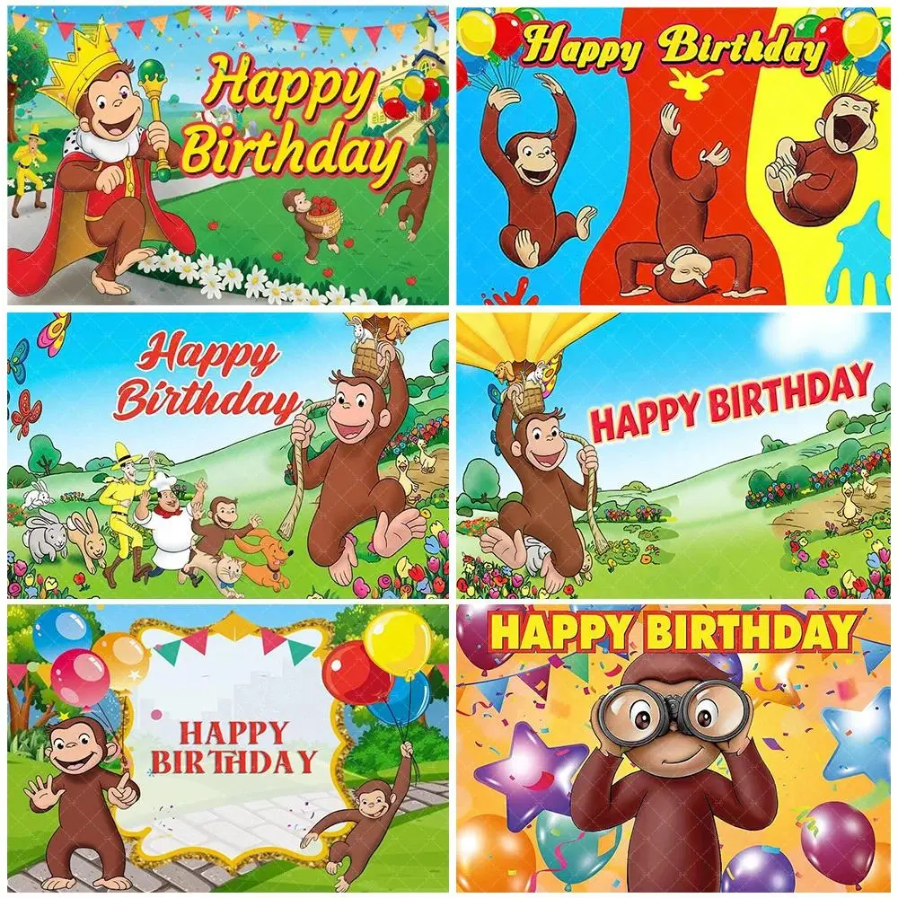 Cartoon Cute George Monkey Theme Polyester Backdrop Kit, Lightweight Room Hanging Decor for Kids' Birthday Parties & Baby Showers, Photo Studio Props & Child Toy Gift