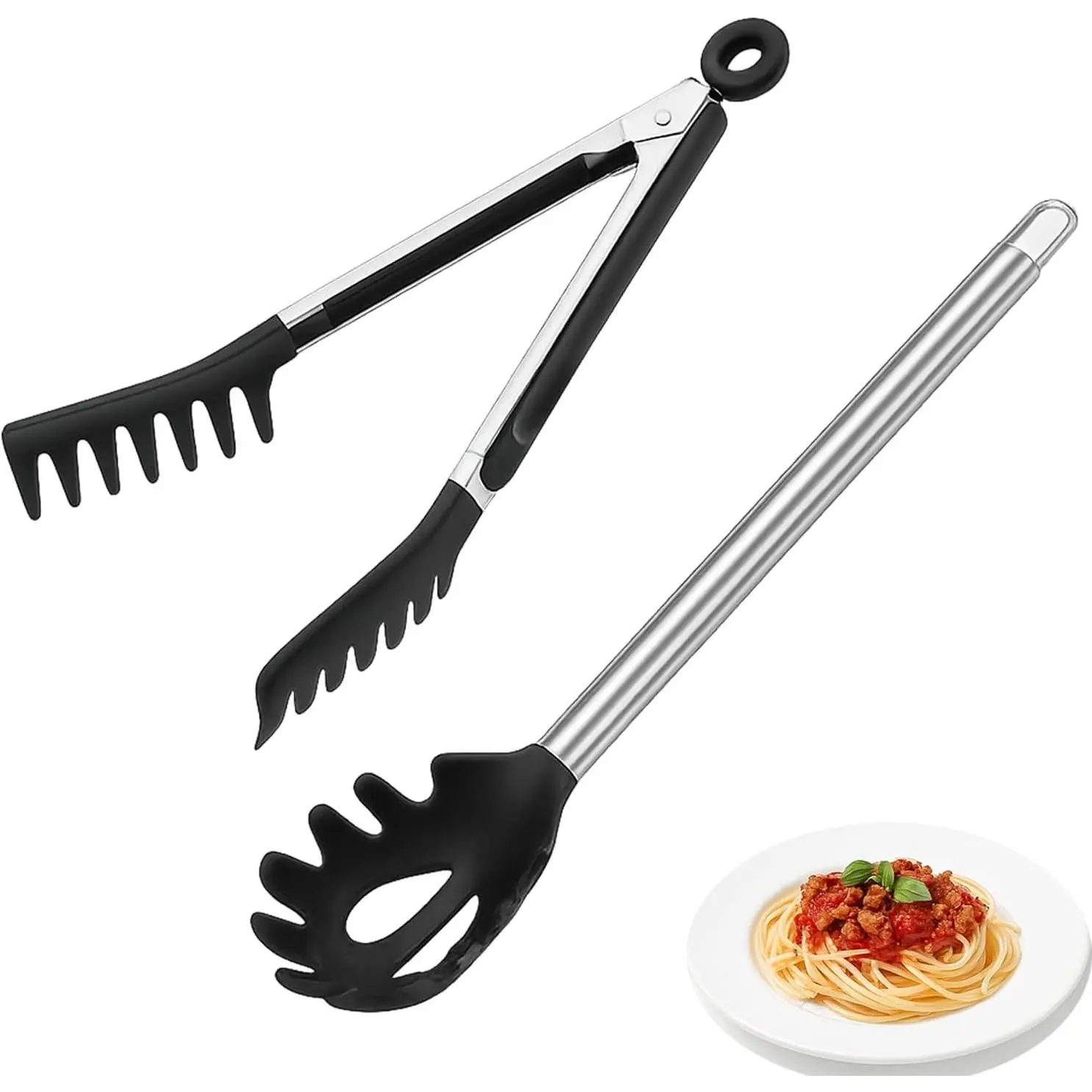 2 Pcs Black Silicone Spaghetti Spoon and Pasta Tong Non-stick Fork with Teeth Stainless Steel Handle Food Clip for Cooking Serving Salad Spaghetti Noodle Pasta