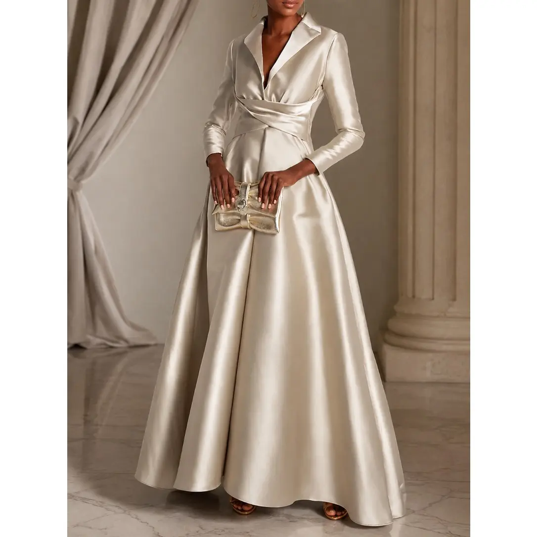 2026 V Neck Satin maxi dress for Women, Elegant Pleated High Waisted Loose Fit summer dress, Casual Chic Lady Commuter Robe and wedding guest dresses for Office, Vacation, Dinner, Party and Daily Wear