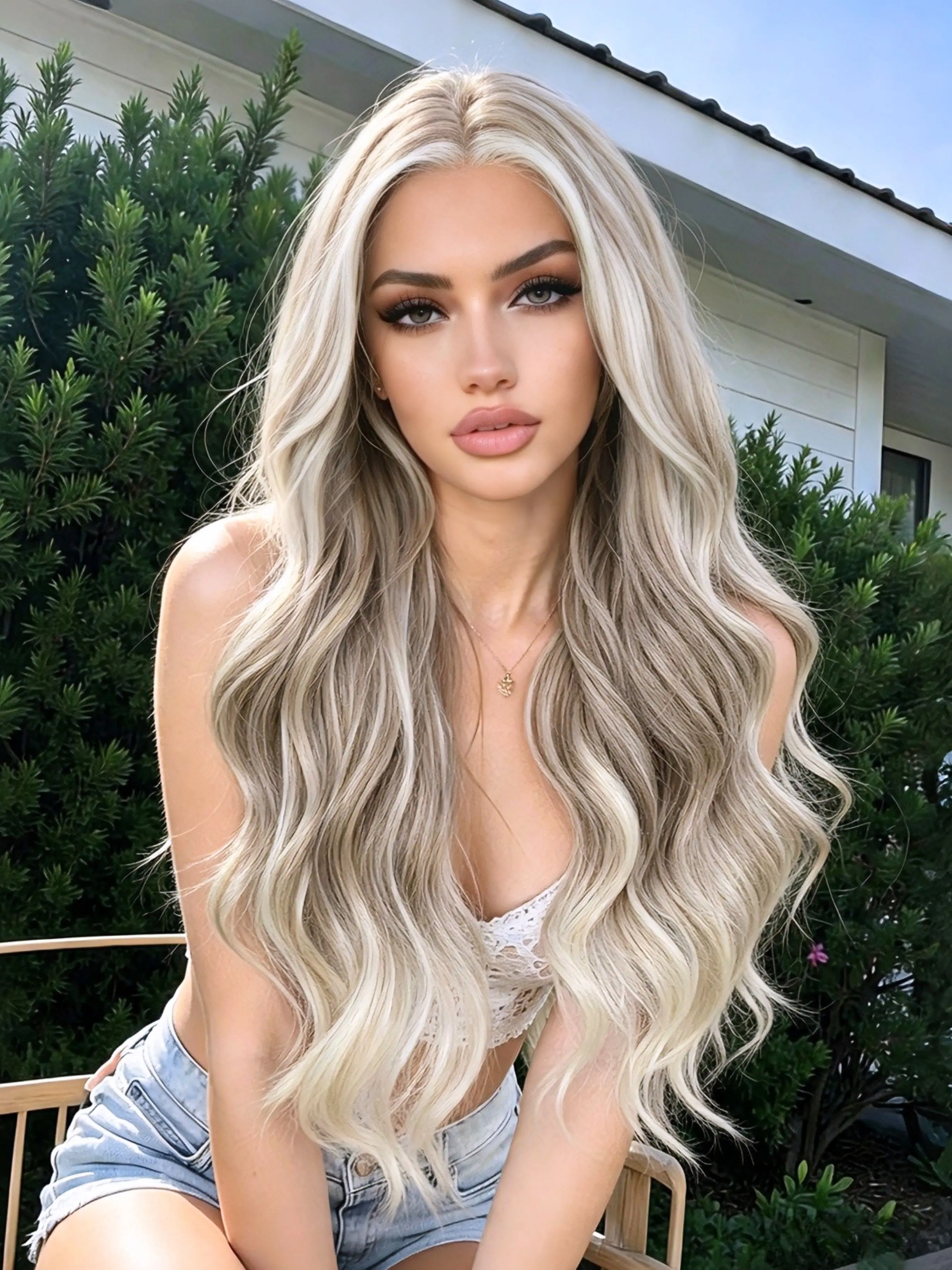 28" Mushroom Brown Creamy Platinum Blonde Money Piece Balayage Body Wave Lace Front Wig 13x4 Free Part HD Transparent Lace Pre-Plucked Natural Hairline Glueless Heat Resistant Synthetic Hair