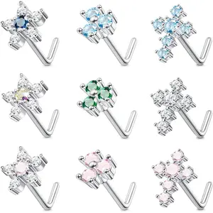 9Pcs 20G Nose Rings Studs L-Shaped Nose Rings, Stainless Steel CZ Flower Cross Clover Nose Piercing Jewelry for Women Men