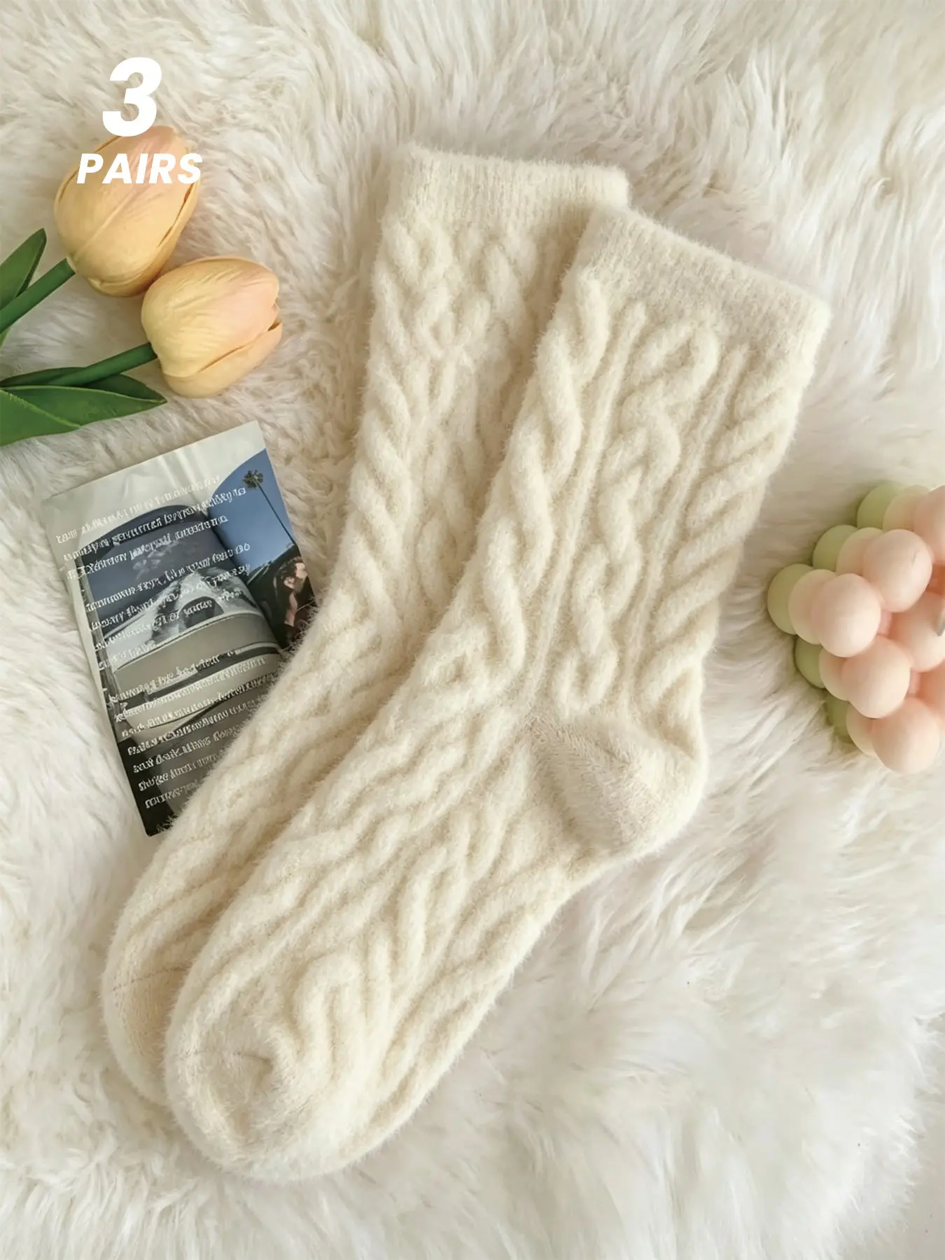 3 Pairs Women's Soft Comfortable Fluffy Crew Socks, Casual Knit Socks, Plain Color, Casual Style, Comfy, Warm and Stretchy, Suitable for Fall Winter Daily Wear, Fits Boots and Sneakers