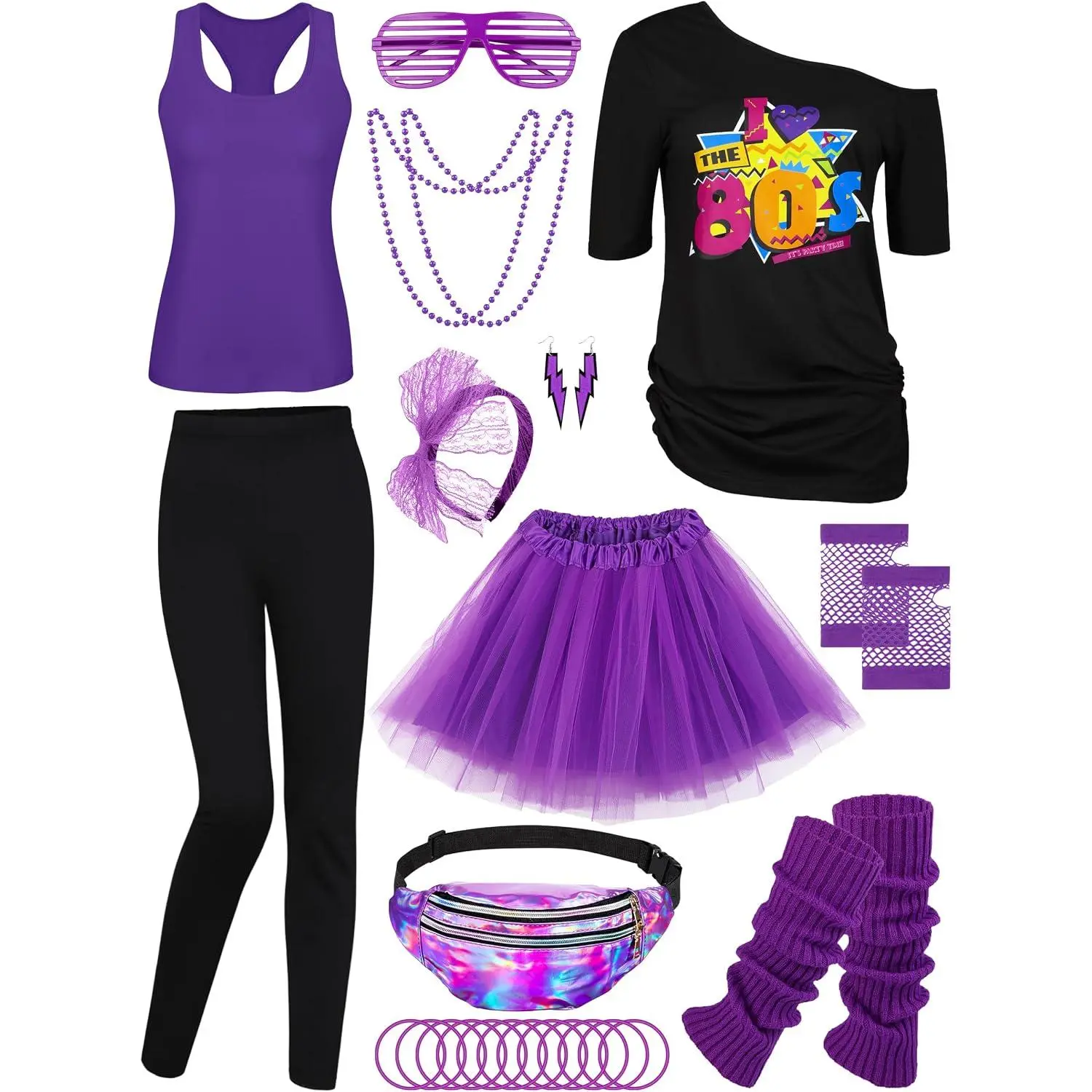 AOTHSO 24 Pieces Halloween Women 80s Costume Accessories Set 80s Cosplay T-shirt Tutu Pants Racerback Top Fanny Pack Gloves