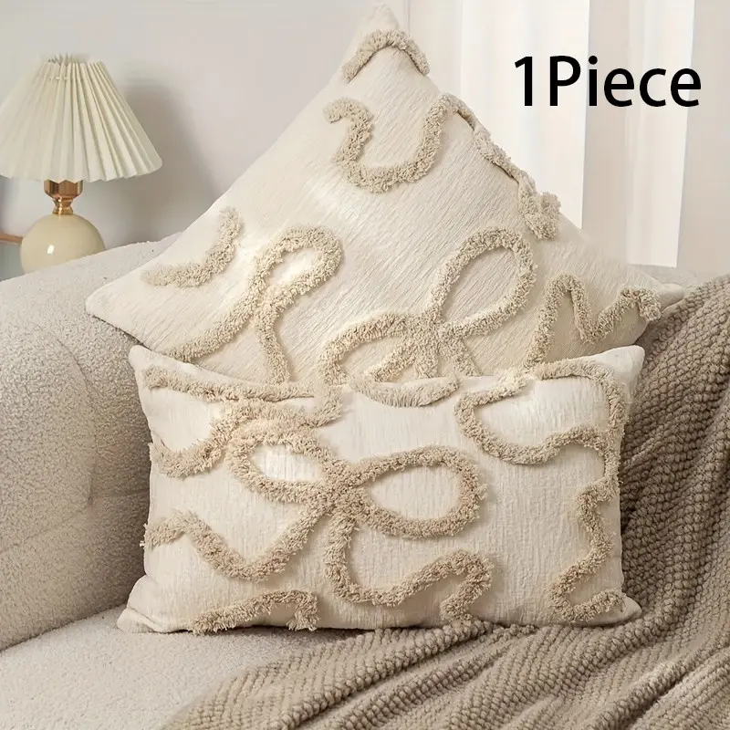 Boho Cream Color Bow Cluster Pillow Cover, Soft Textured Decorative Cushion Case, Fits Sofa, Bed, Rural Home, Apartment