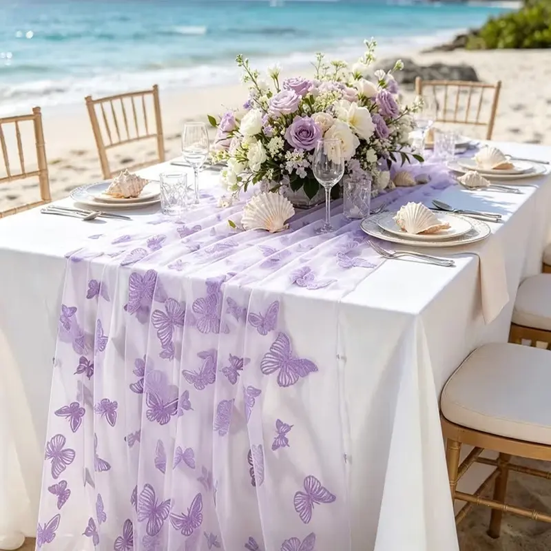 Romantic Butterfly Organza Table Runner - Sheer Mesh Embroidered Tablecloth for Wedding, Garden Party, Dining Room Decor, Elegant & Airy Table Setting