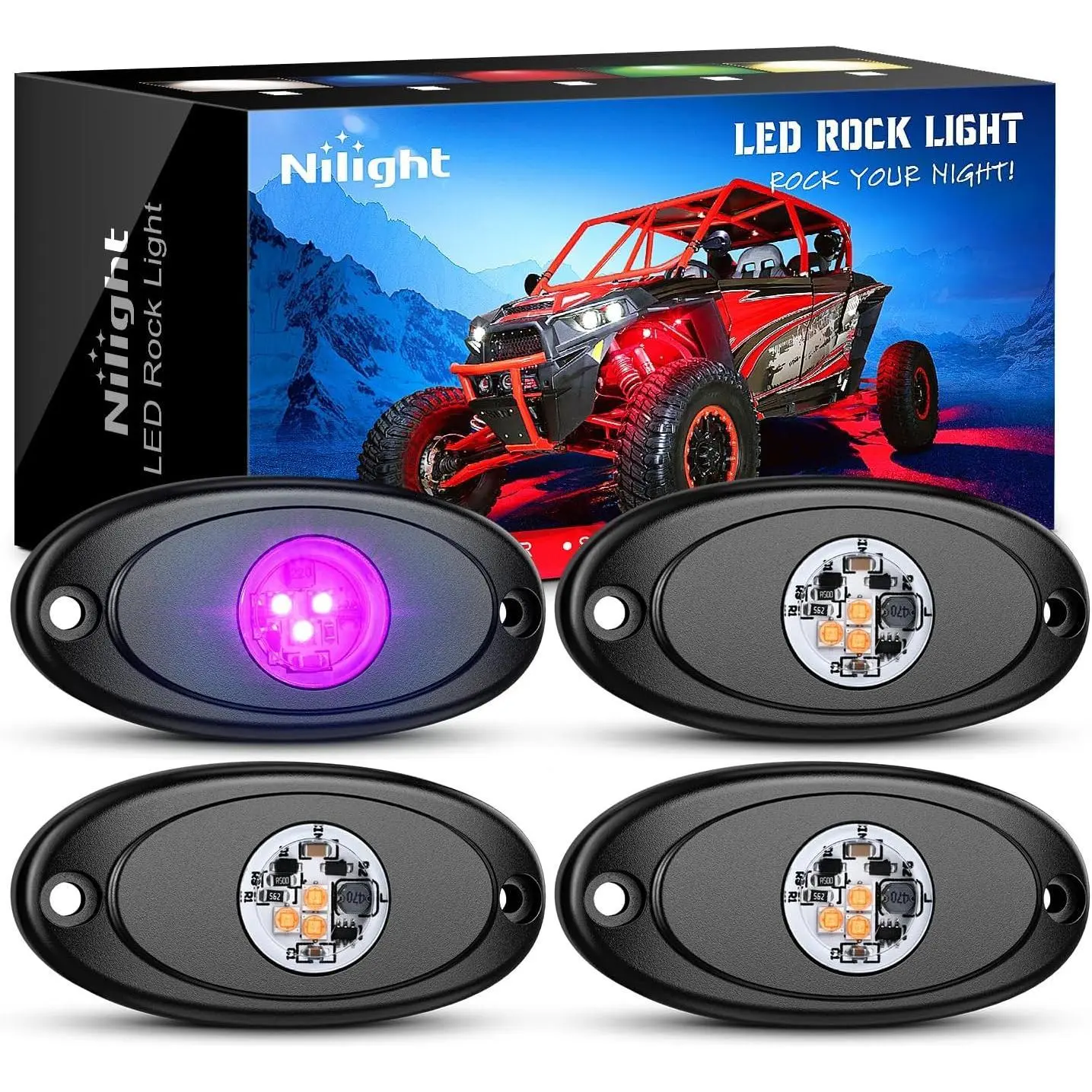 Nilight 4PCS LED Rock Lights, Aluminum Housing Bright LEDs IP68 Rated Underglow Lamps, Waterproof Exterior Underbody Pods for 12V-24V Cars, Trucks, Universal Fit Safe Accessory, Waterproof Safe