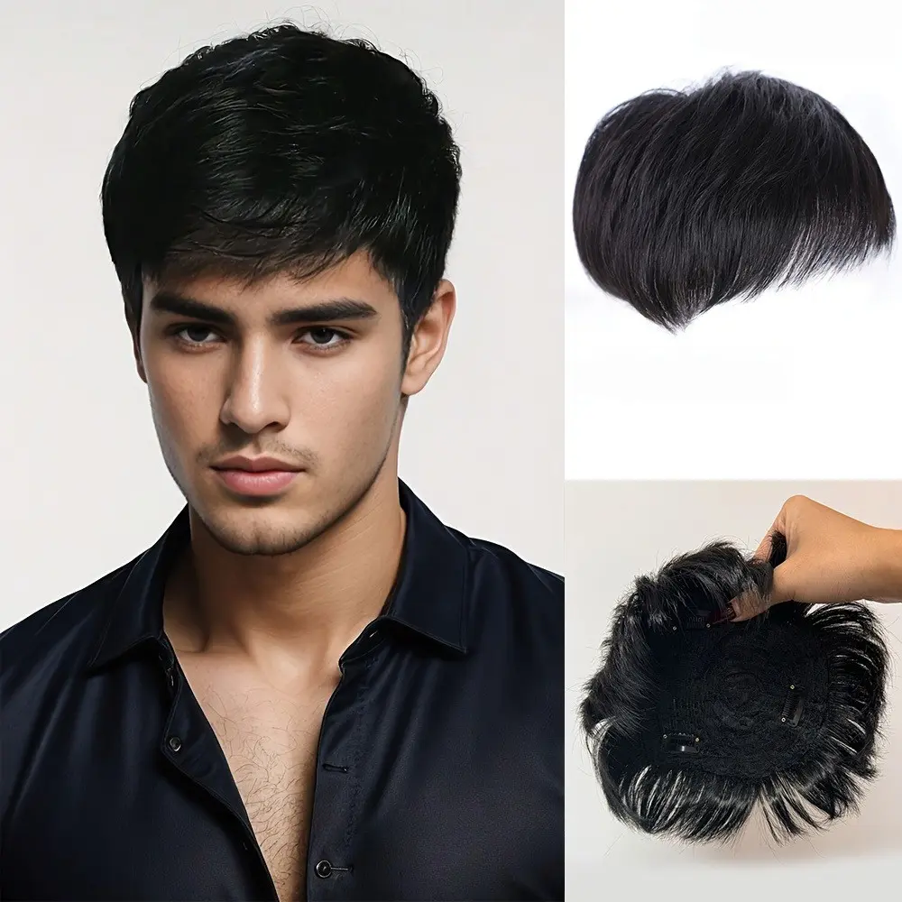 1pc Men's Short Hair Styling Handmade Fit Wig, Real Hair Top Hairpiece, Natural Look, Realistic Illusion Hairline, Human Hair Replacement, Easy to Wear