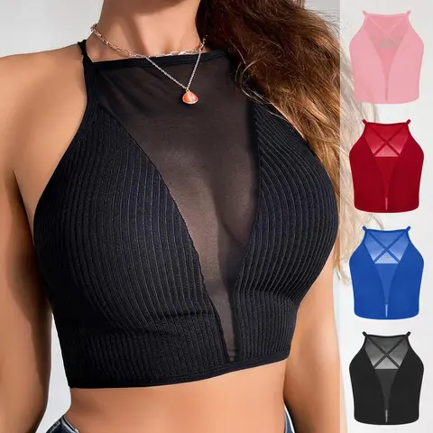 Lady's 5-Pack Sleeveless Crop Camisoles - Thin, Slim-Fitted Sheer Mesh & Ribbed Fabric, Basic Casual Tops with Adjustable Straps for Layering, 5 Tops to Rotate