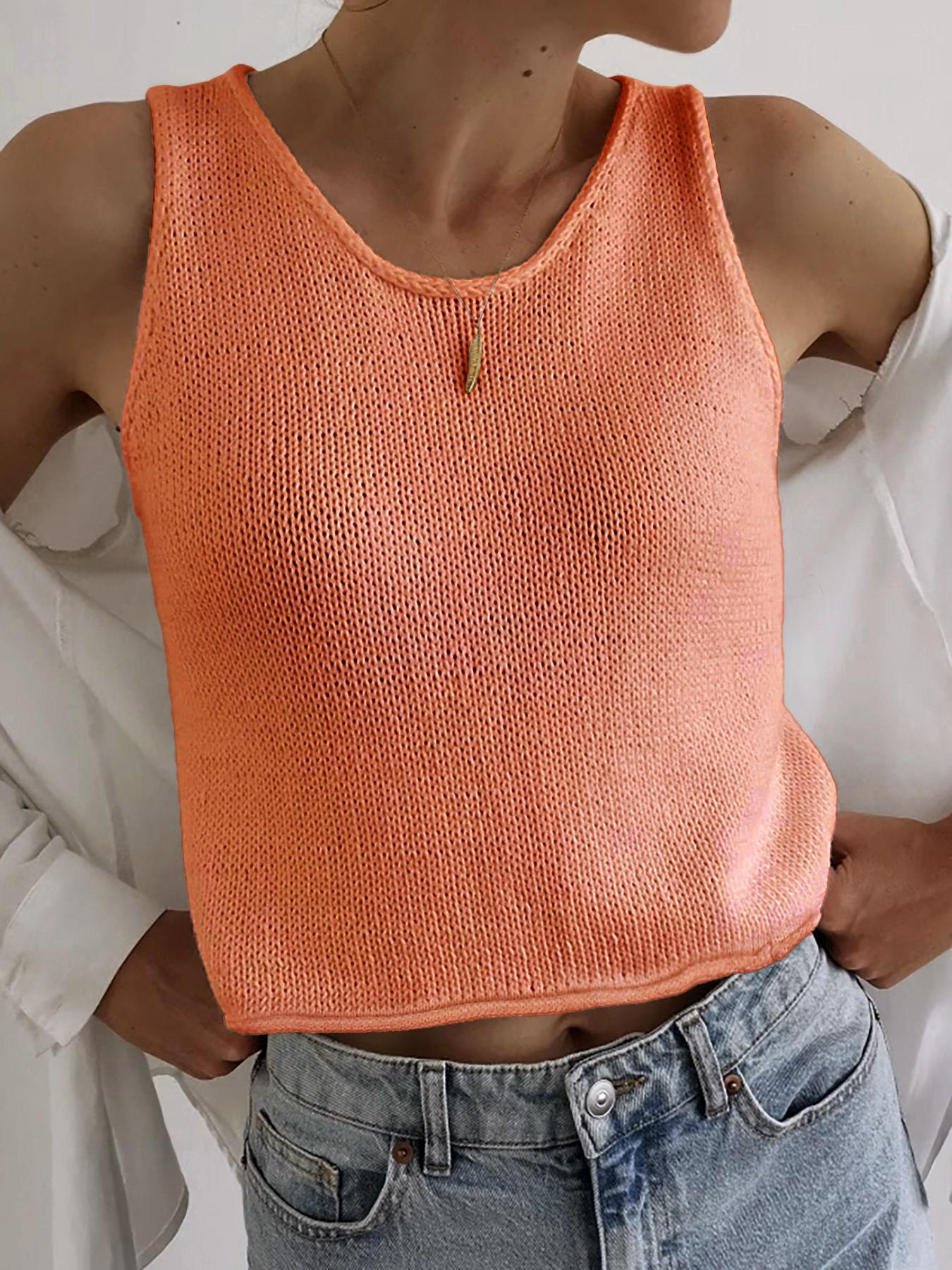 Women's Plain Round Neck Crop Sweater Vest, Casual Fitted Sleeveless Cropped Knit Top for Spring & Fall, Fashion Women's Knitwear for Daily Wear