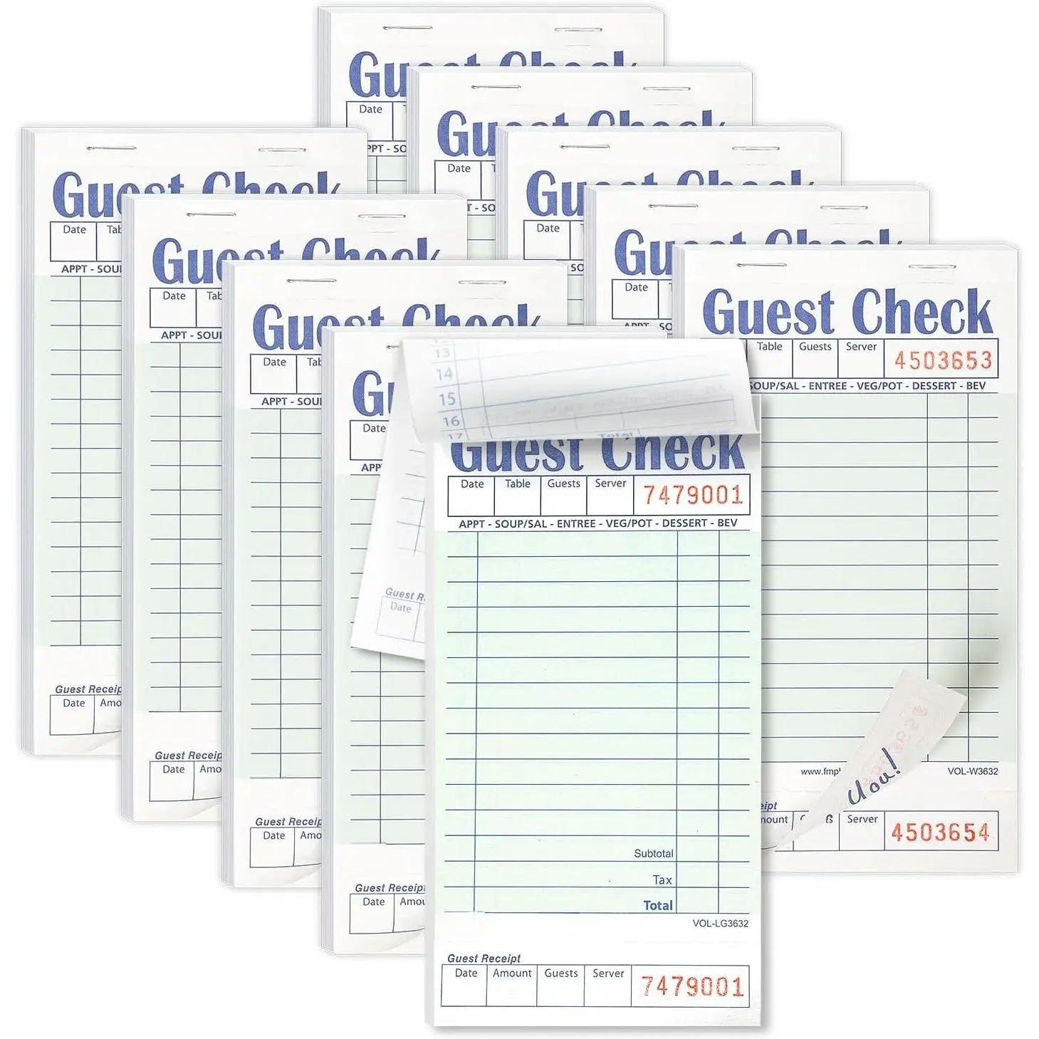 Guest Check Books for Servers, Server Note Pads Paper,  500 Sheets (10 Pads), Light Green with Guest Receipt, Guest Check Pads, Restaurant Order Pads, Waitress Notepads