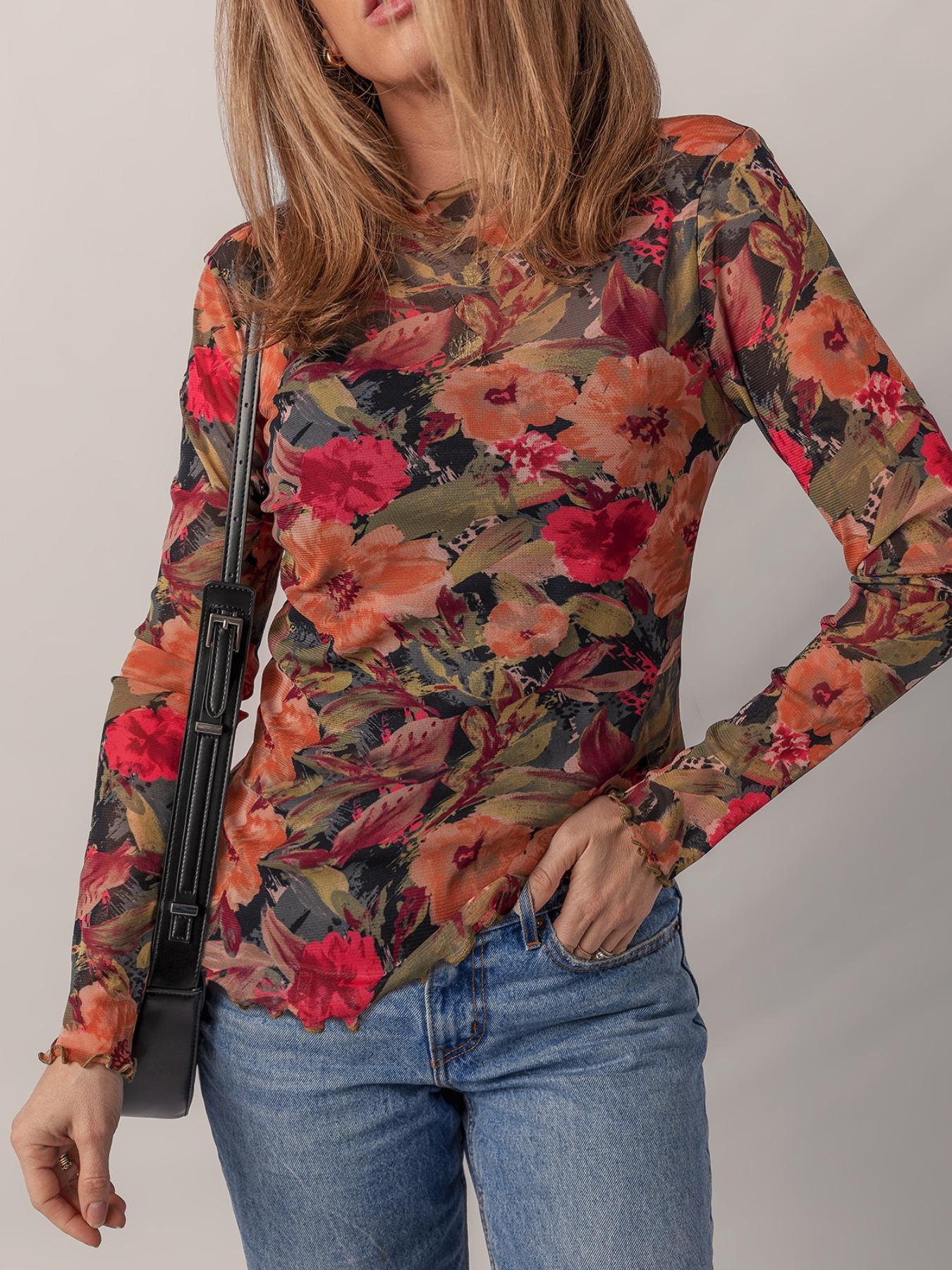 Floral Print Mesh Long Sleeve Top, Women's Casual Round Neck Ruffle Hem Blouse, Spring & Fall Fashion, Womenswear