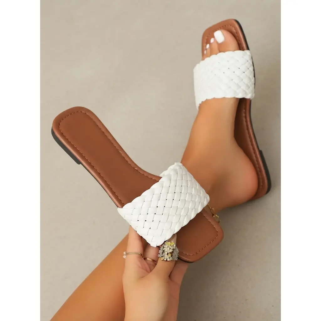 Women's Summer Flat Sole Sandals, Breathable Minimalist Design Knitted Mules, Open Toe Comfortable Casual Vacation Style, Casual Trendy Sandals, Fashionable Sandals, Versatile Women's Flats Rubber
