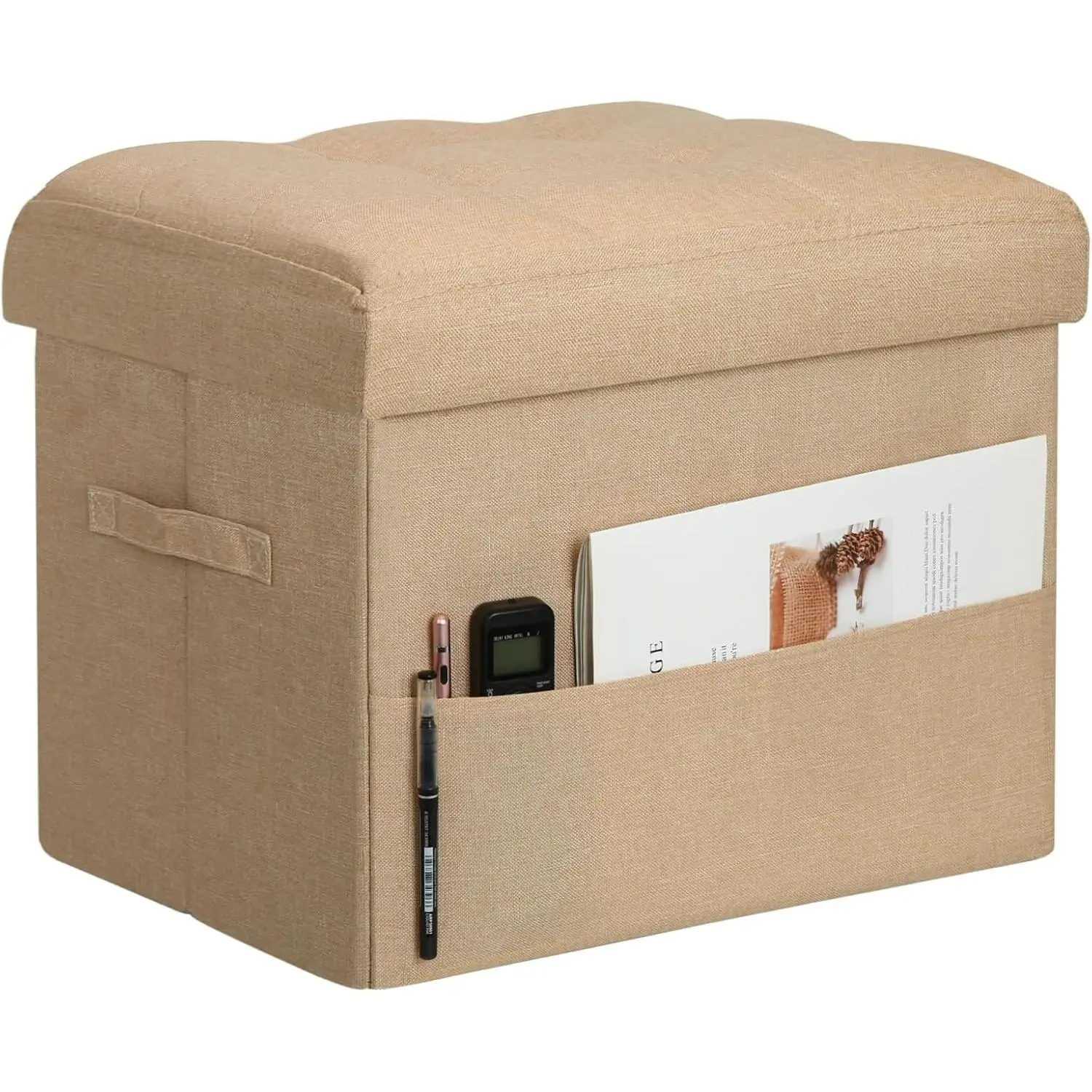 Ottoman with Storage, Linen Foot Rest with Thicker Foam Padded Seat, Beige | Storage Ottoman Dorm Living Room Bedroom Home Office, Small Folding Foot Stools Ottoman with Side Pocket & Handles 17x13x13IN