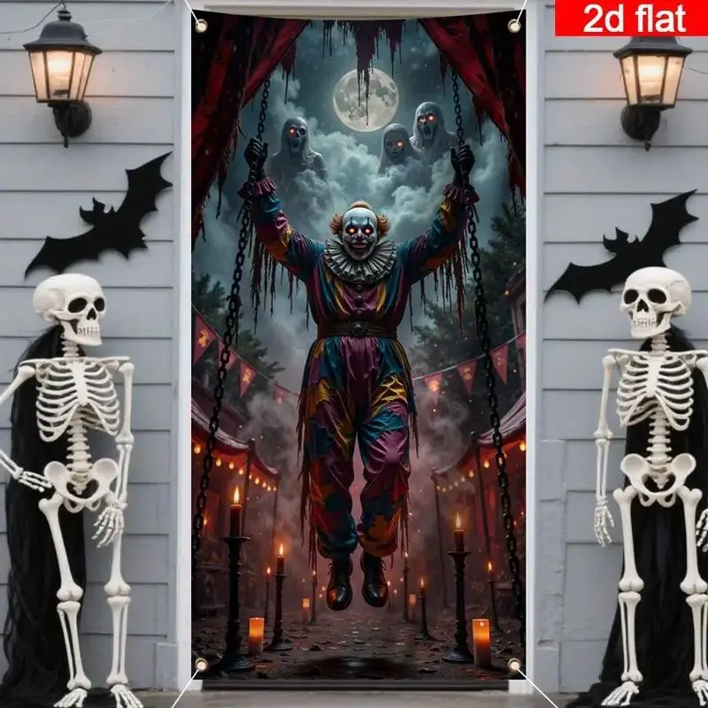 Halloween Door Curtain, Pennywise Style Horror Poster, Iconic Balloons and Face, Outdoor Party Decor, Indoor Halloween Decoration