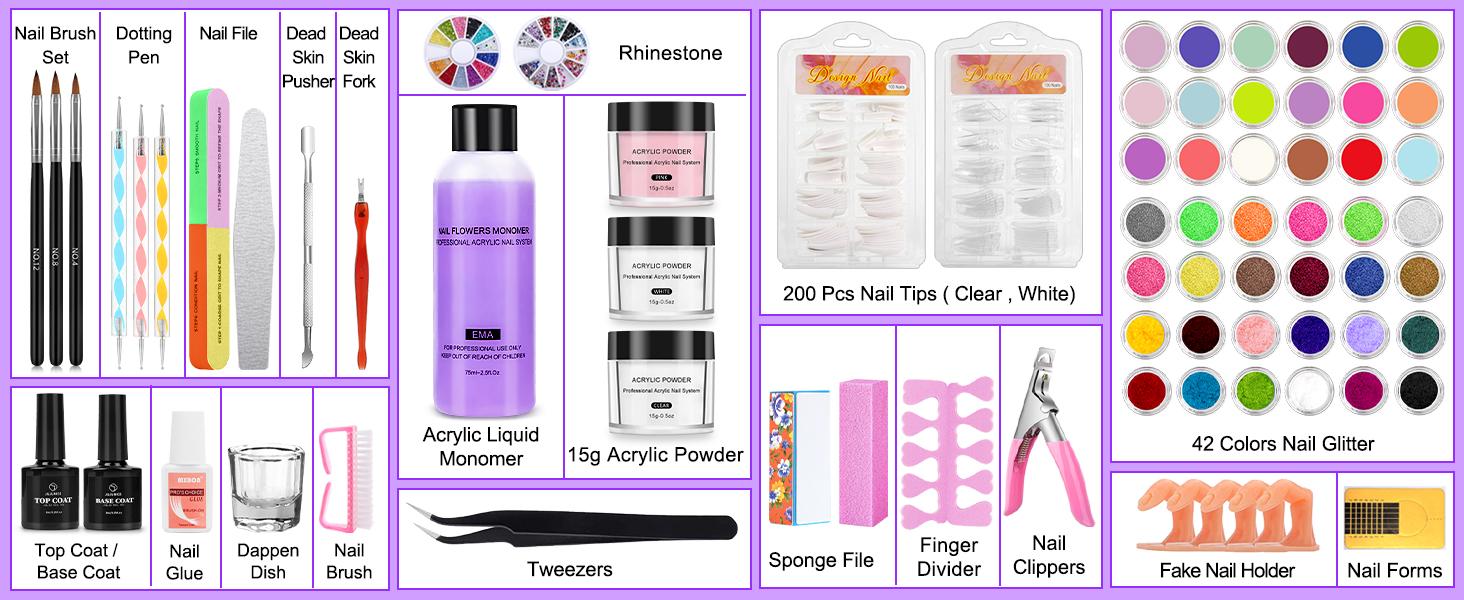 Professional Acrylic Nail Kit for Beginners - 42 Colors Glitter Powder, Liquid, UV Light, Drill, Practice Finger Nail Bag Organizer Case