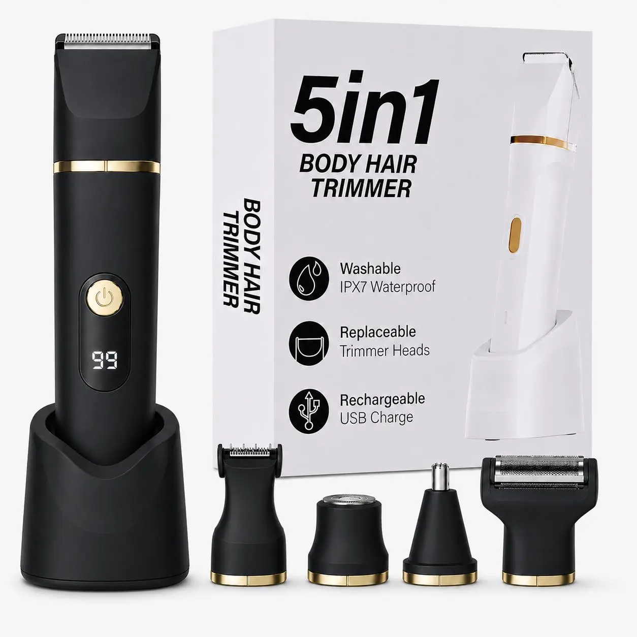 5-in-1 Electric Bikini Trimmer for Women Pubic Hair, Waterproof Electric Razor Foil Shaver Hair Trimmer Epilator for Face, Nose, Ear, Bikini Line Area, Body, Leg, USB-C Rechargeable