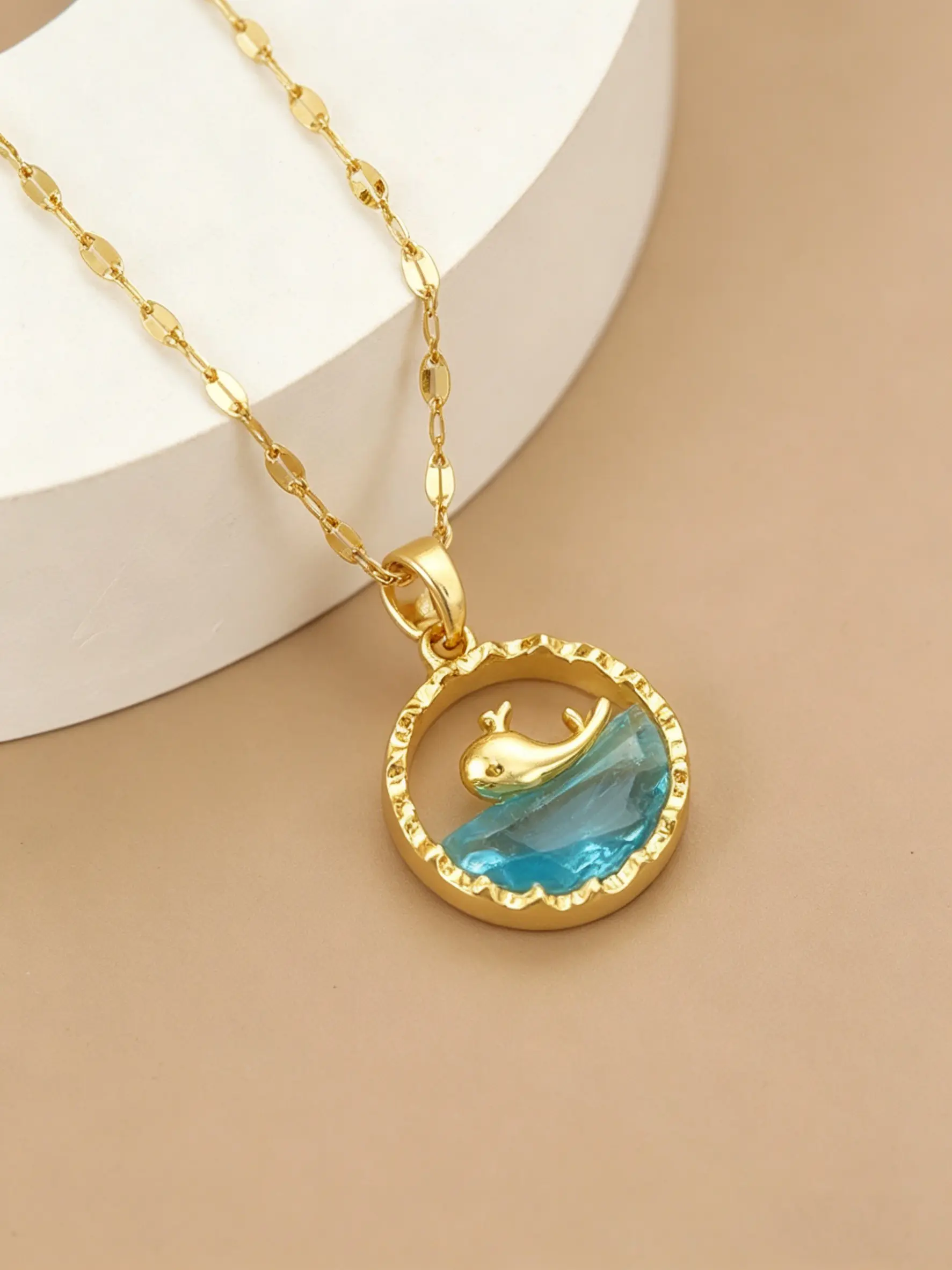 1pc Whale and Star Moon Pendant Necklace, Blue Crystal Wave Elegant Necklace, Cute Whale and Star Moon Women's Jewelry Gift
