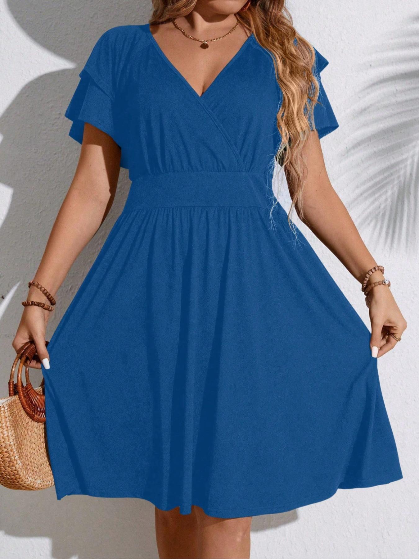 【Plus Size】 Solid Color V Neck Dress, Fashion Casual Dress for Wedding Guest, Women's Clothing for Summer