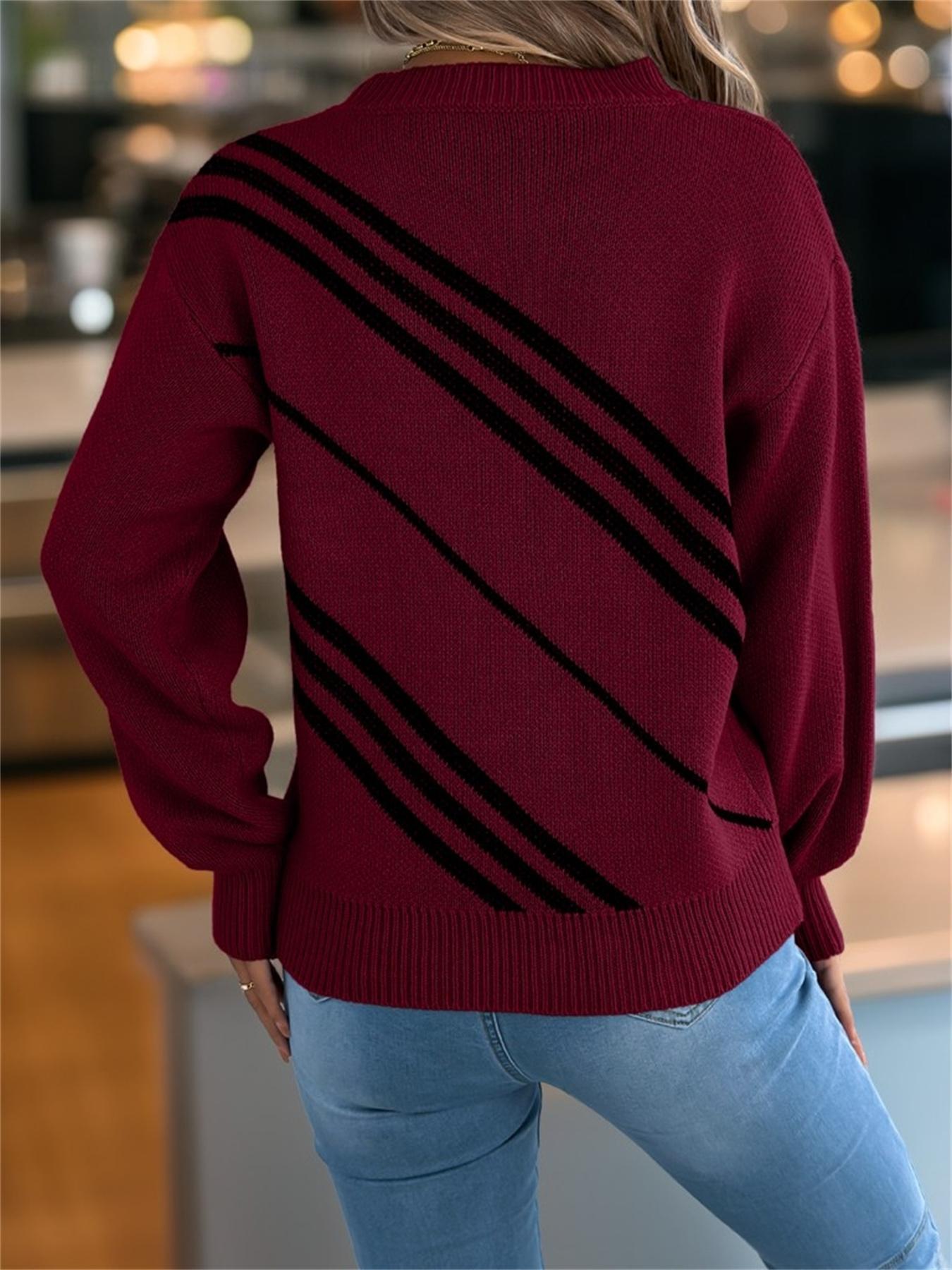 Women's Colorblock Drop Shoulder Fitted Sweater Tops, Casual Long Sleeve Round Neck Jumper for Fall & Winter, Fashion Ladies' Knitwear for Daily Wear