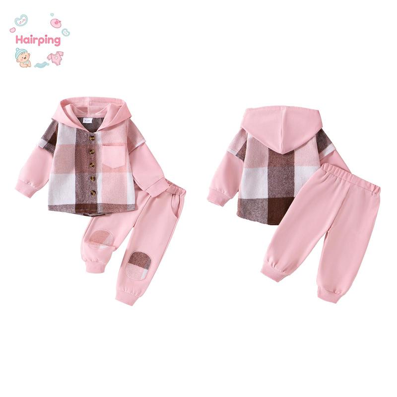 Little Boy Girl Pants Set, Contrast Color Plaid Long Sleeve Button-up Hoodie Trousers Outfits, Casual Baby Girls Set