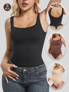 Round Neck Sleeveless U-Back Romper, Wide Shoulder Straps, Push-Up Waist Cinch, Shapewear One-Piece, Plain Surface, Organic Textile