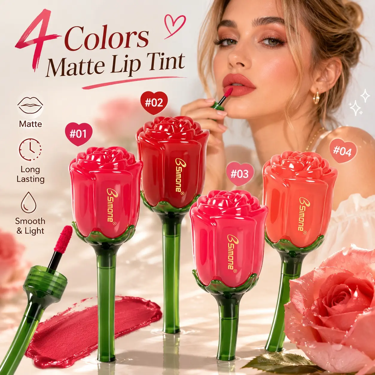 4Pcs Creative Rose Shaped Velvet Matte Liquid Lip Glaze, Matte Lip Tint, Velvet Matte Liquid Lipstick, Waterproof & Sweatproof, Long-Lasting Non-Transfer Versatile Lip Makeup