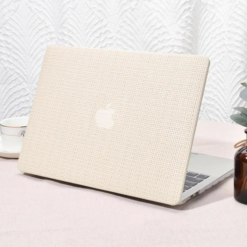 Laptop Casing for MacBook Pro 13-in (2016-2023, M1, M2, A2338, A2251, A2289, A2159, A1989, A1708, A1706) - Elegant Leather-PVC Hard Shell, Strong Anti-Fingerprint Transparent Keyboard Cover, Beige Woven Fabric, Mesh Hollow Bottom, Precision Cutting