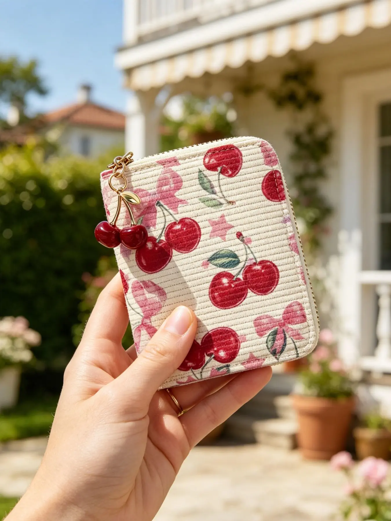 Cherry Pendant Women's Zipper Wallet Purse, Large Capacity Multi-Card Slot, Cute Short Wallet, Simple and Versatile Design, Wallet With Zipper