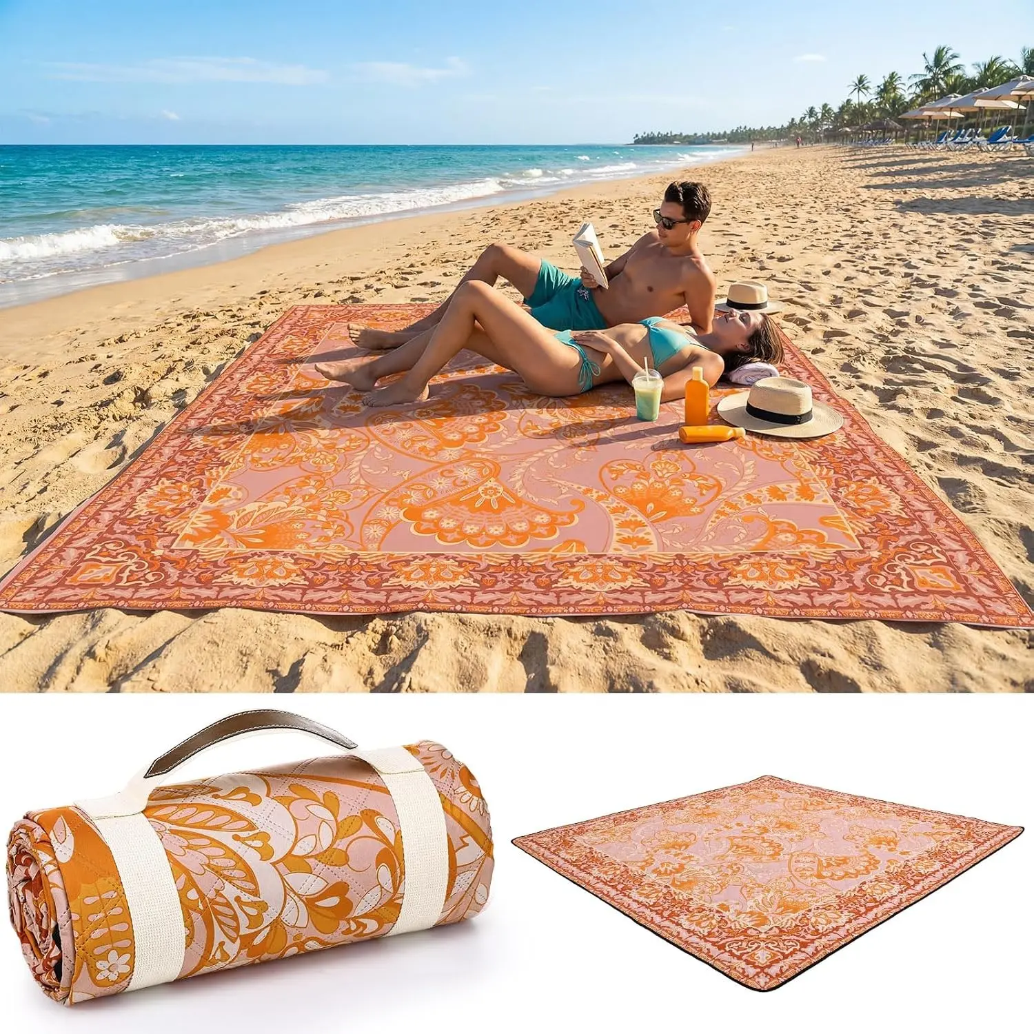 Boho Picnic Blankets 80''x 80'' Extra Large Beach Blanket Waterproof Sandproof Foldable Machine Washable Vintage Grass Lawn Park Mat for Family Camping Party Music Festival