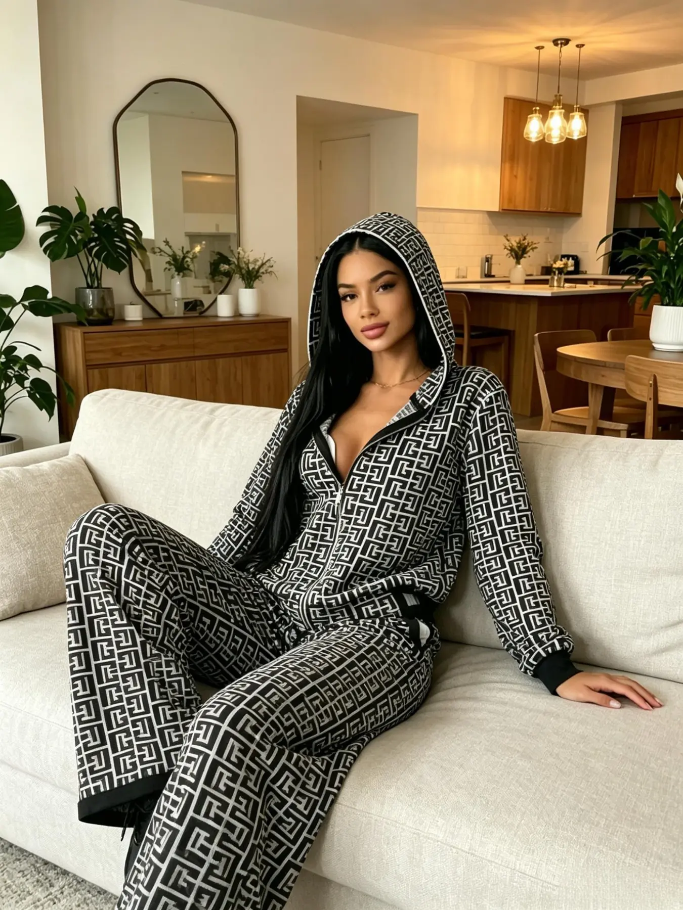Women's Geometric Print 2 Piece Tracksuit Set Zip Up Hooded Jacket + Wide Leg Drawstring Pants Casual Lounge Sweatsuit Outfit