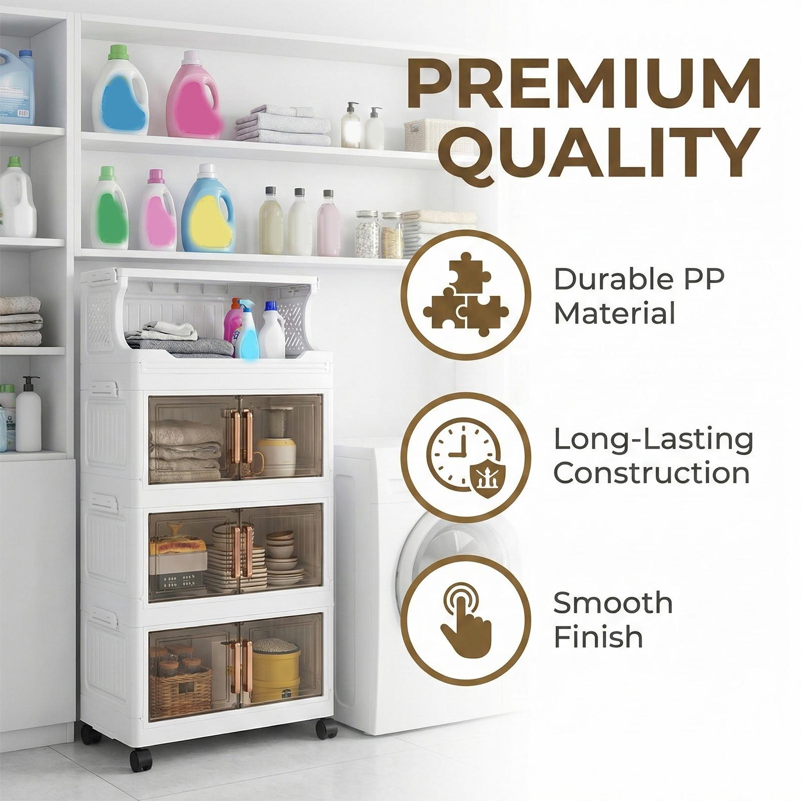 3 Tier Stackable Plastic Storage Bins with Doors and Wheels 42cm Foldable Plastic Storage Container Large Capacity for Craft Home Pantry DormTransparent