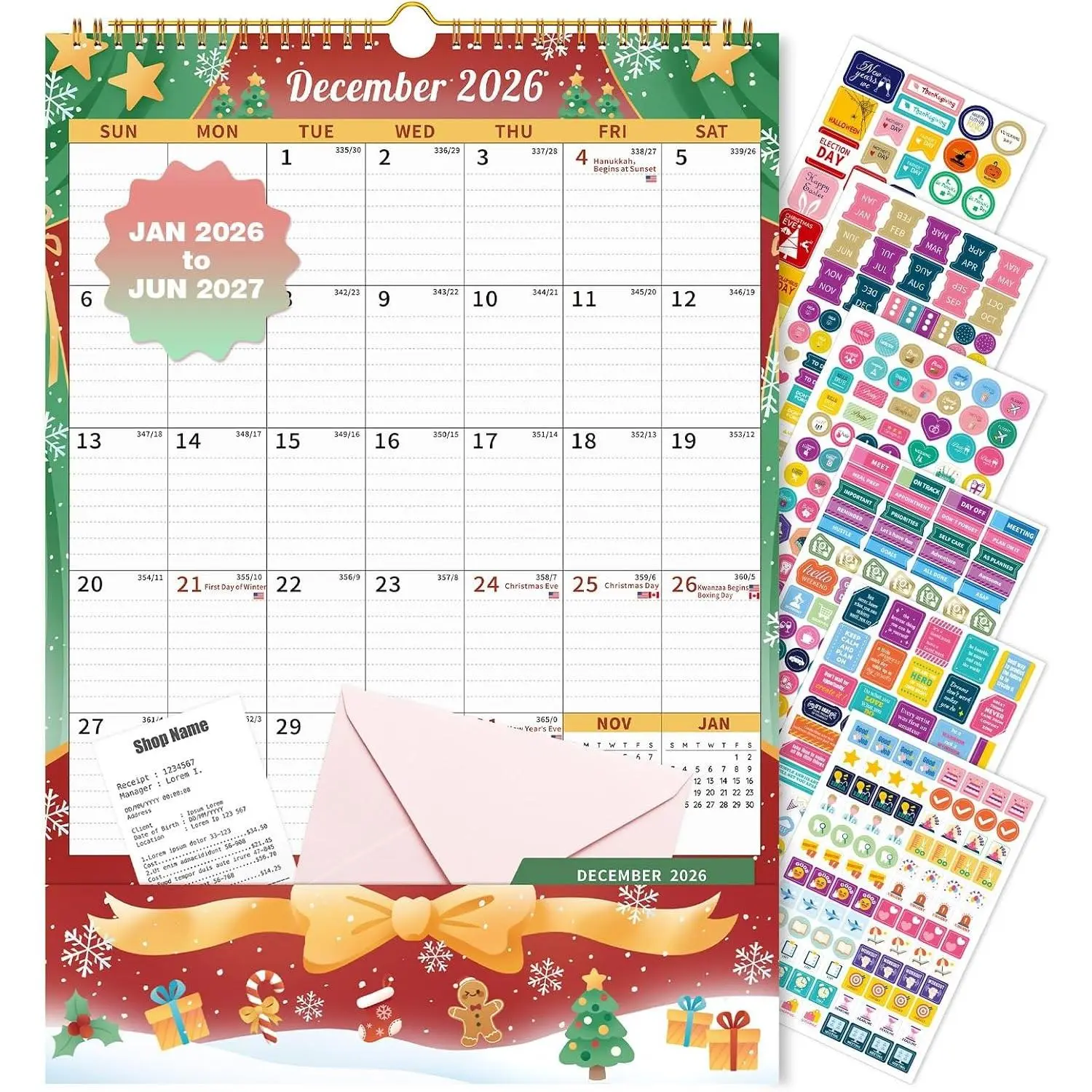 2026-2027 Wall Calendar with Storage Pocket, 17" x 12" Monthly Large Planner with Protective Cover and Stickers, for Family Fridge Office Teacher Student, January 2026 to June 2027