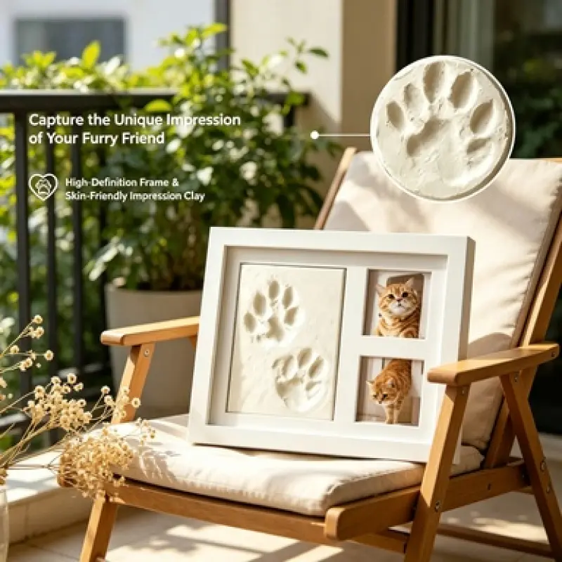 Pet Paw Print Wooden Keepsake Photo Frame with Skin-Friendly Imprint Clay, Dual Photo Slots Design, Perfect for Recording Dog Cat Footprints as Warm Home Memorial Desktop Decor