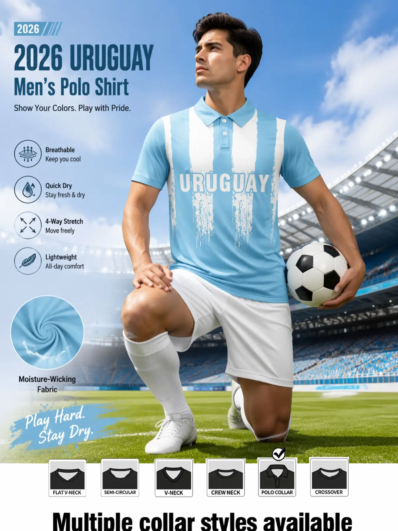 2026 Men's Uruguay Sport Short Sleeve Jersey, All-Over Print Slim Fit, Comfortable Daily Wear, Ideal for Sports & Outdoor Activities