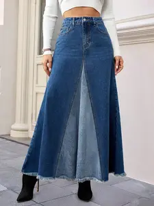 Women's Casual Elegant A-Line Flared Long Denim Skirt, Washed Effect and Frayed Button Details, Non-Elastic Fabric Design