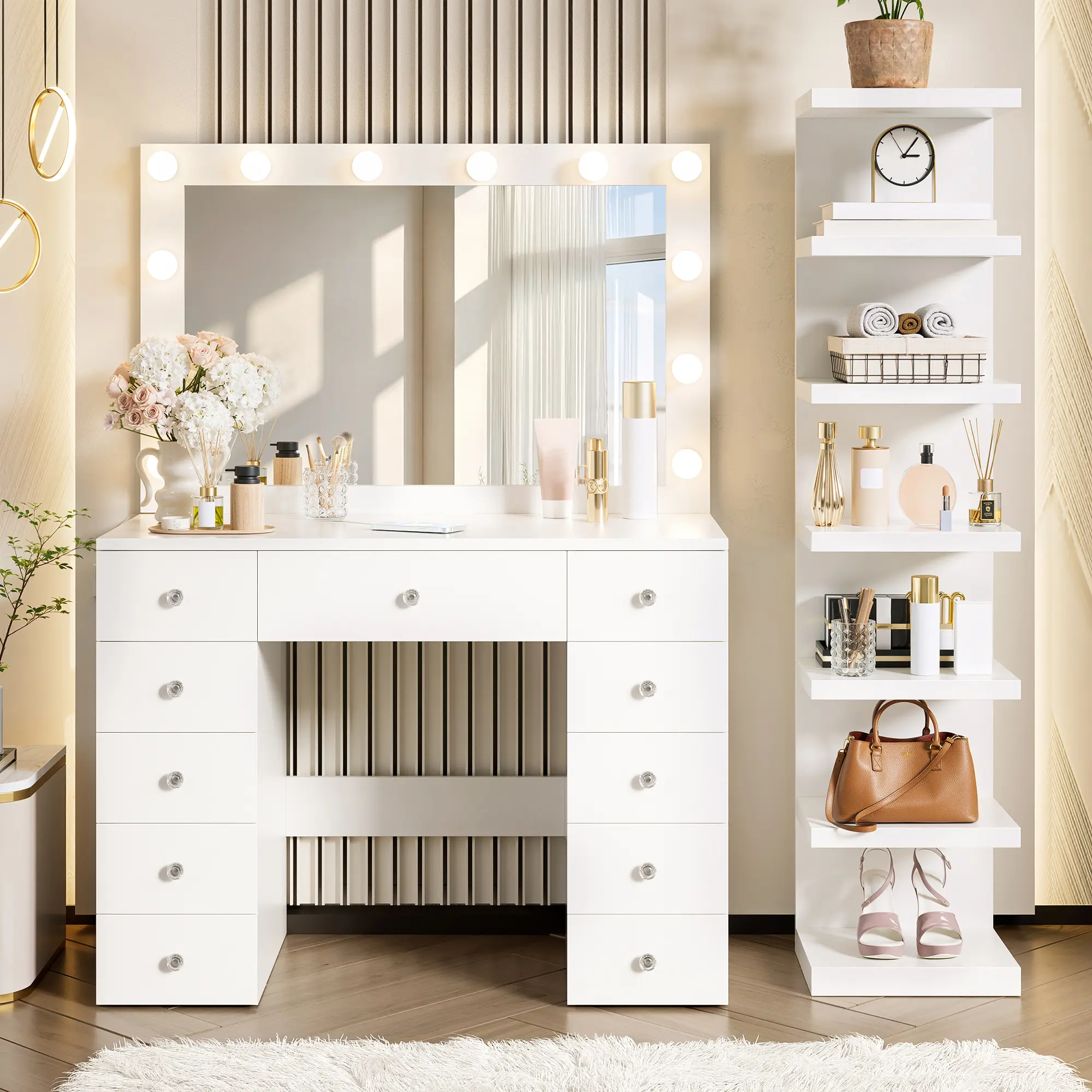Nokaa White Vanity Desk with Hollywood Lighted Mirror, 11 Drawers, 7-Tier Display Shelf, Power Outlet & USB Ports, 3 Color Lighting Modes, Crystal Handles, MDF & Tempered Glass, Dressing Table for Bedroom Makeup Room