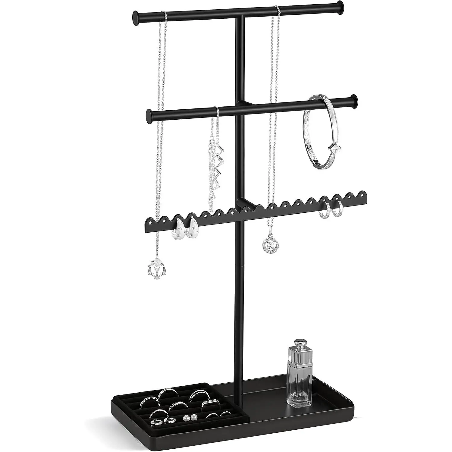 Women's Compact 3-Tier Contemporary Modern Wobble-Free Metal Jewelry Organizer Stand, Dresser Jewelry Display Rack for Necklaces, Earrings, Bracelets, Rings - Black