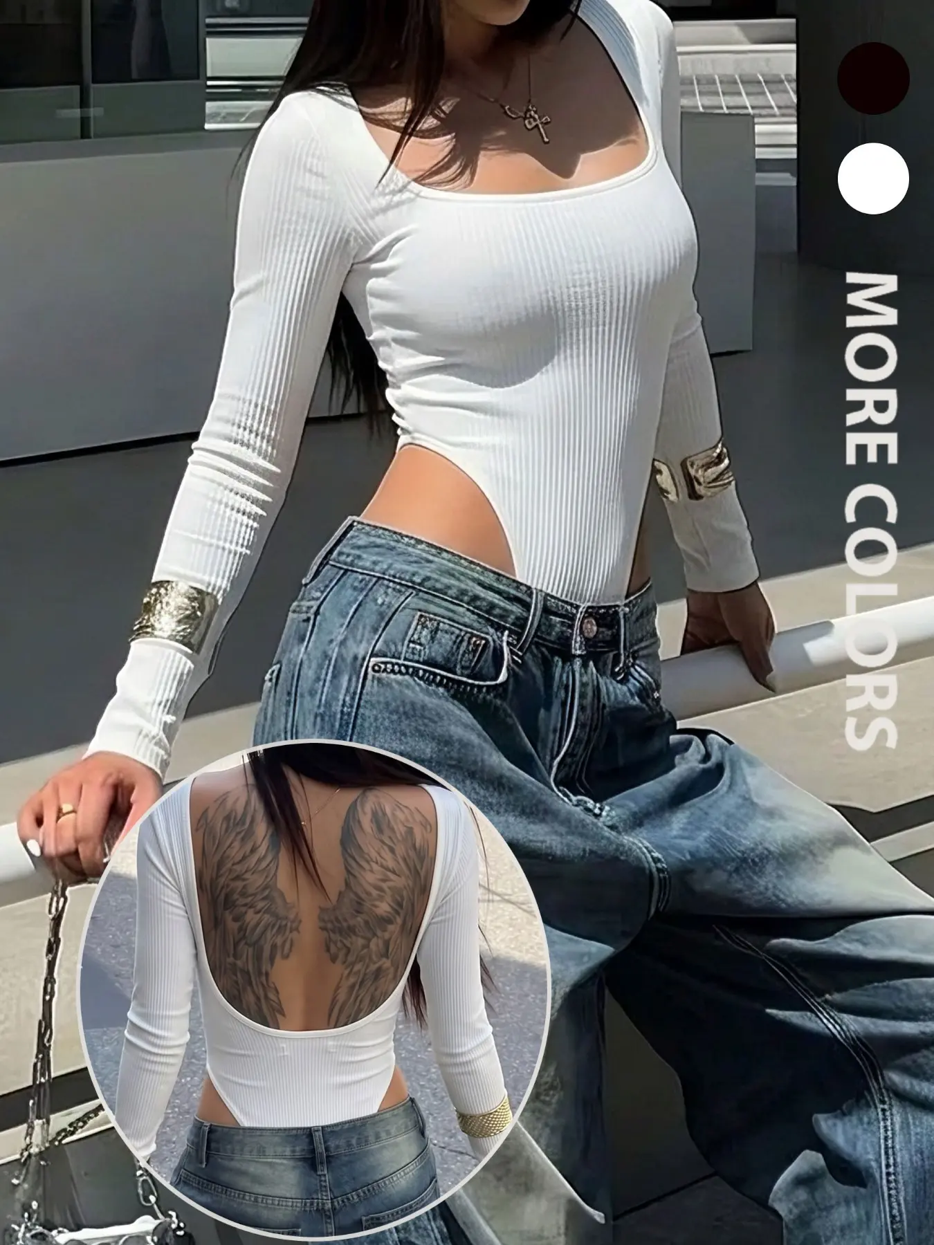 Women White Square Neck Rib Long Sleeve Bodysuit High Cut Side Waist Leotard Soft Stretch Basic Single Top Only