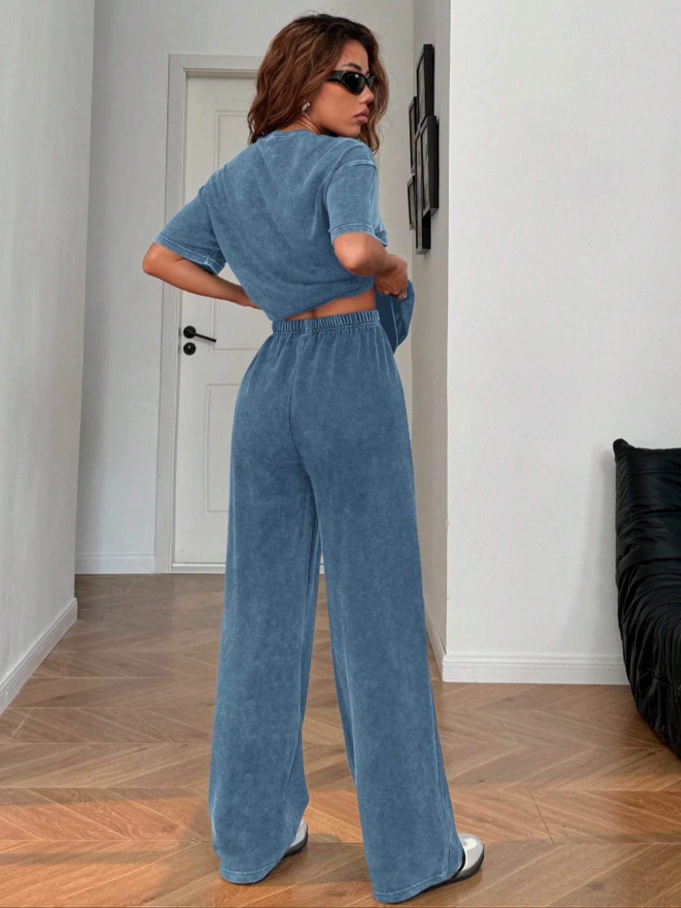 Women's Casual Loose Fit Acid Washed Cotton Short Sleeve T-Shirt and Long Pants Two-Piece Set, All Seasons, Plain Style Women's Casual Loose Fit Acid Washed Cotton Short Sleeve T-Shirt and Long Pants Two-Piece Set, All Seasons, Plain Style