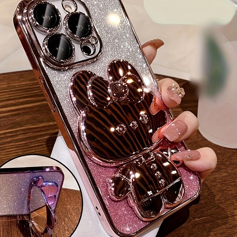 Glitter Electroplated Phone Case With Cute Rabbit Hidden Mirror Stand, Shockproof Slim Protective Cover Compatible With Smartphones 11-17 Pro Max