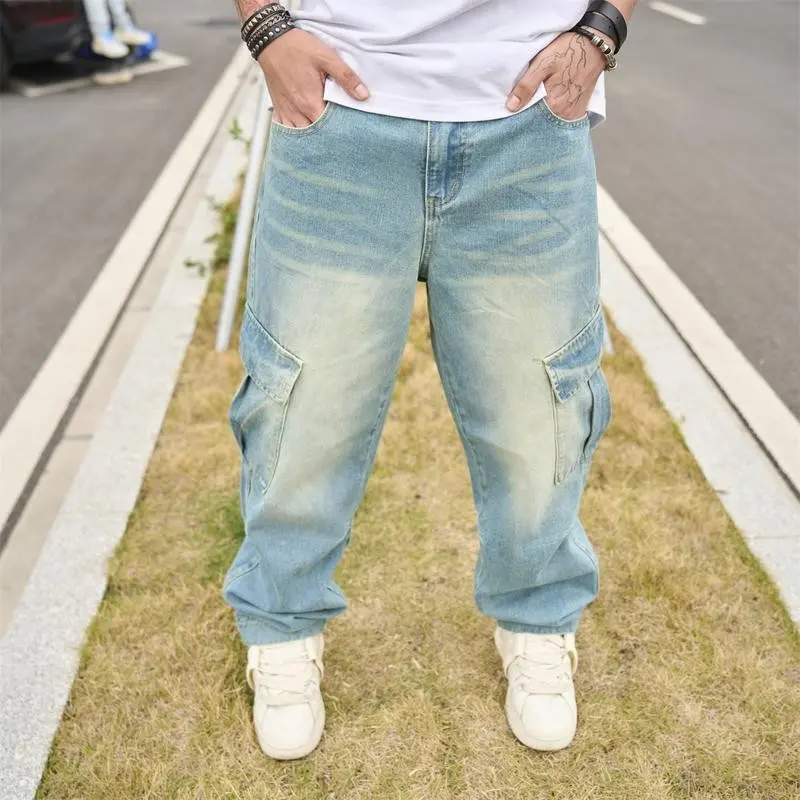 Streetwear Men Stylish Multiple pockets Loose Cargo Jeans Trousers Male Solid color Carpenter Straight Denim Pants