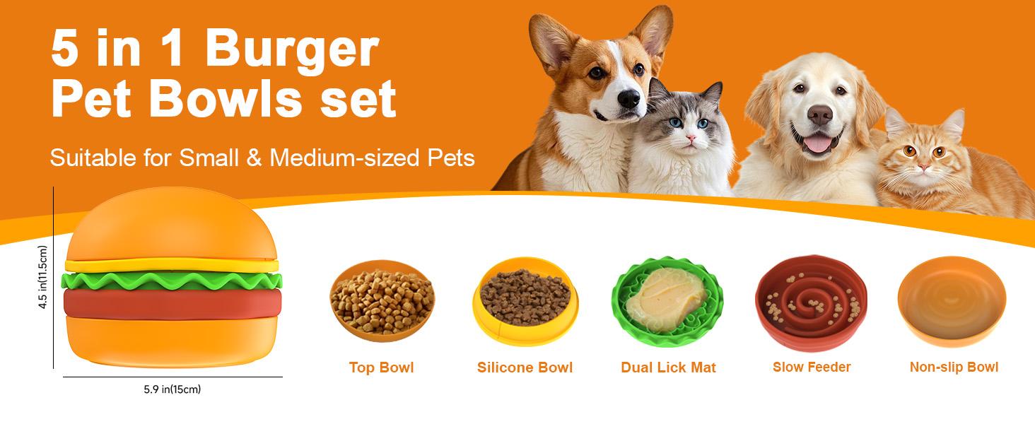 Hamburger Appearance Pet Cat And Dog Bowl Combination Multi-layer Five-in-one