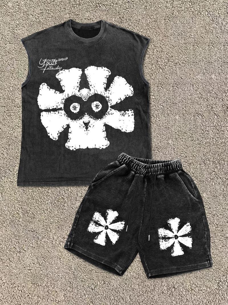 Men's Star & Letter Print Tank Top & Shorts Two-Piece Set, Regular Fit Casual Street Sleeveless Top & Shorts for Daily Wear, Men's Clothing for All Seasons, Cotton