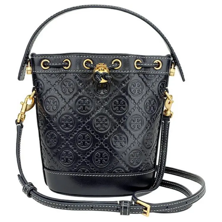 Tory Burch T Monogram Embossed Leather Bucket Bag for Women – Mini Crossbody and Shoulder Handbag in Midnight Blue