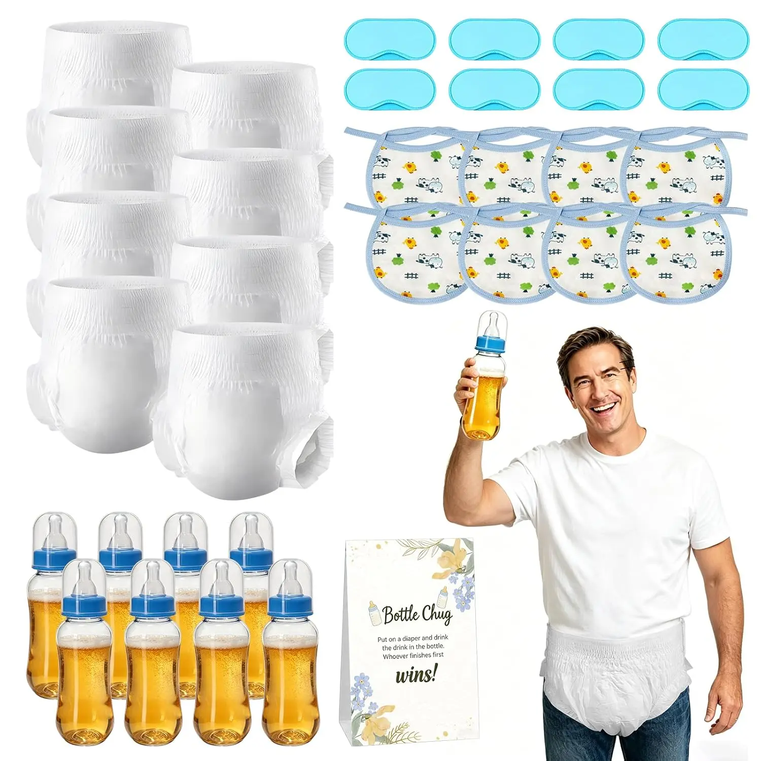 8 Sets Baby Bottles Chug for Baby Shower Game| Games for Baby Shower| Plastic Baby Bottles Bibs Disposable Diapers| Gender Reveal Games Baby Changing Diaper Race Game Decoration