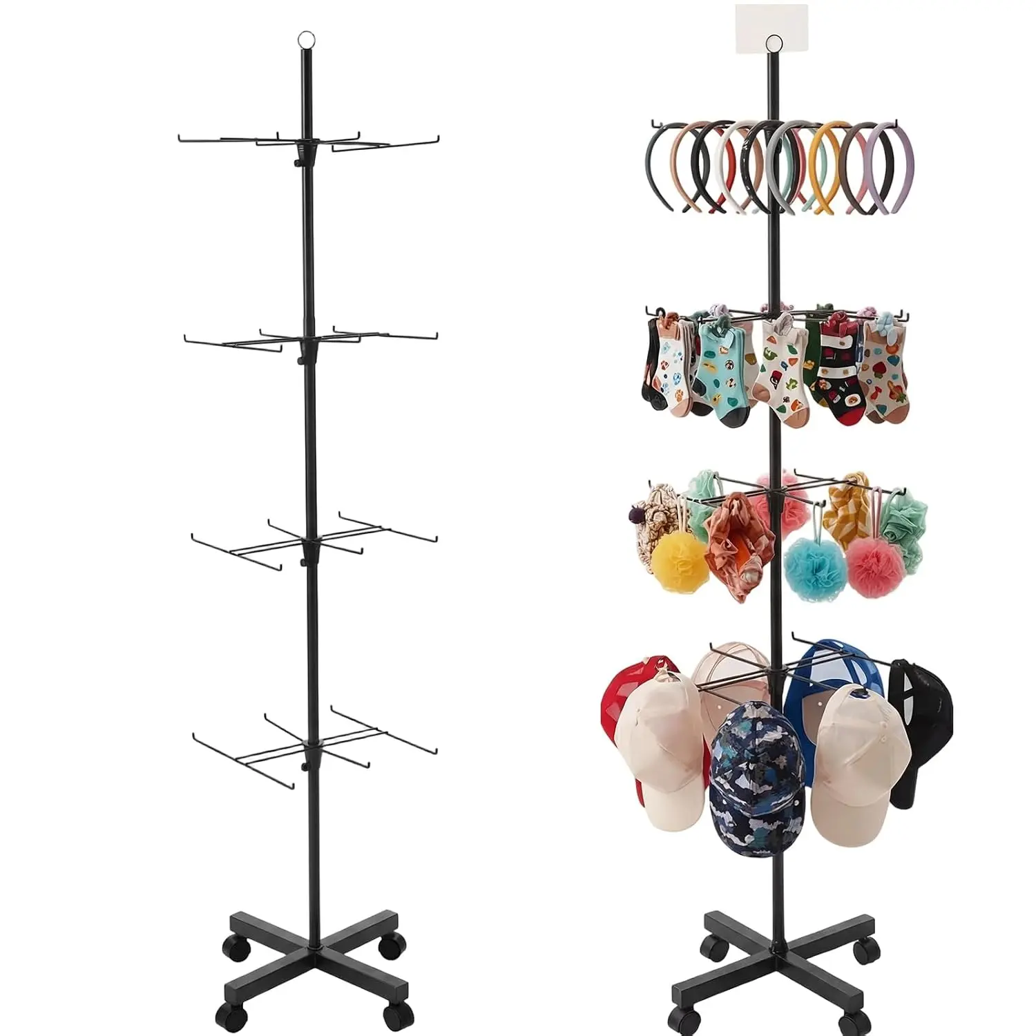 1 count 4-Tier Rotating Display Stand with Wheels, Adjustable Spinning Display Rack, Movable Shop Spinner for Earrings Keychains  Craft Shows Vendor Events & Stores, Black